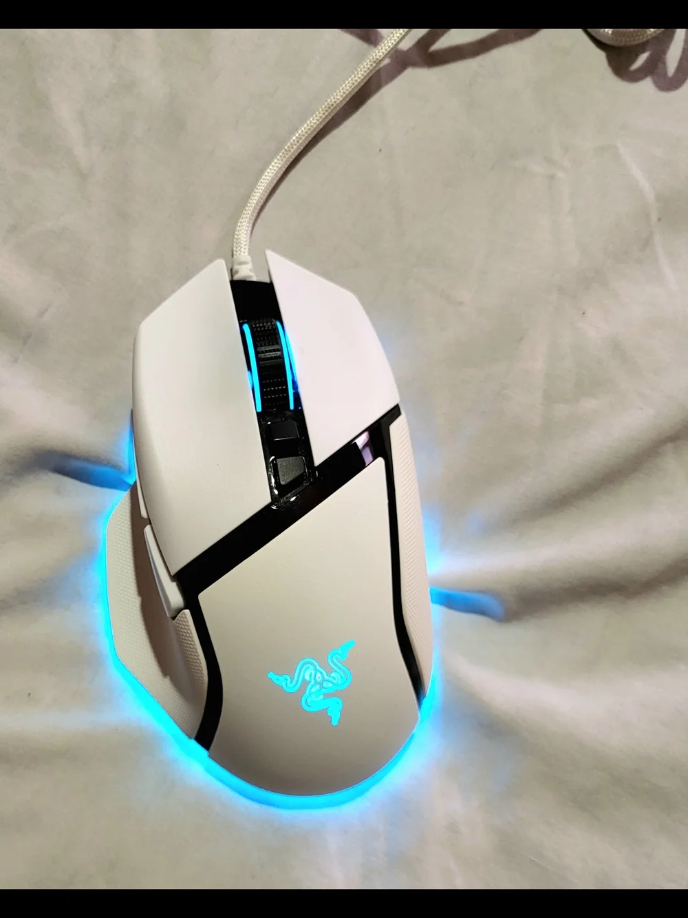 Razer White Gaming Mouse with Cyan RGB Lighting
